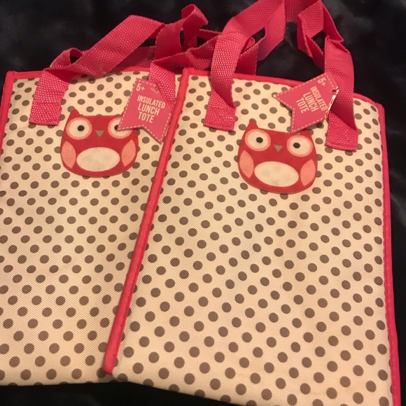 Two Pink Owl Gray Polka Dots Insulated Lunch Totes - Picture 3 of 7